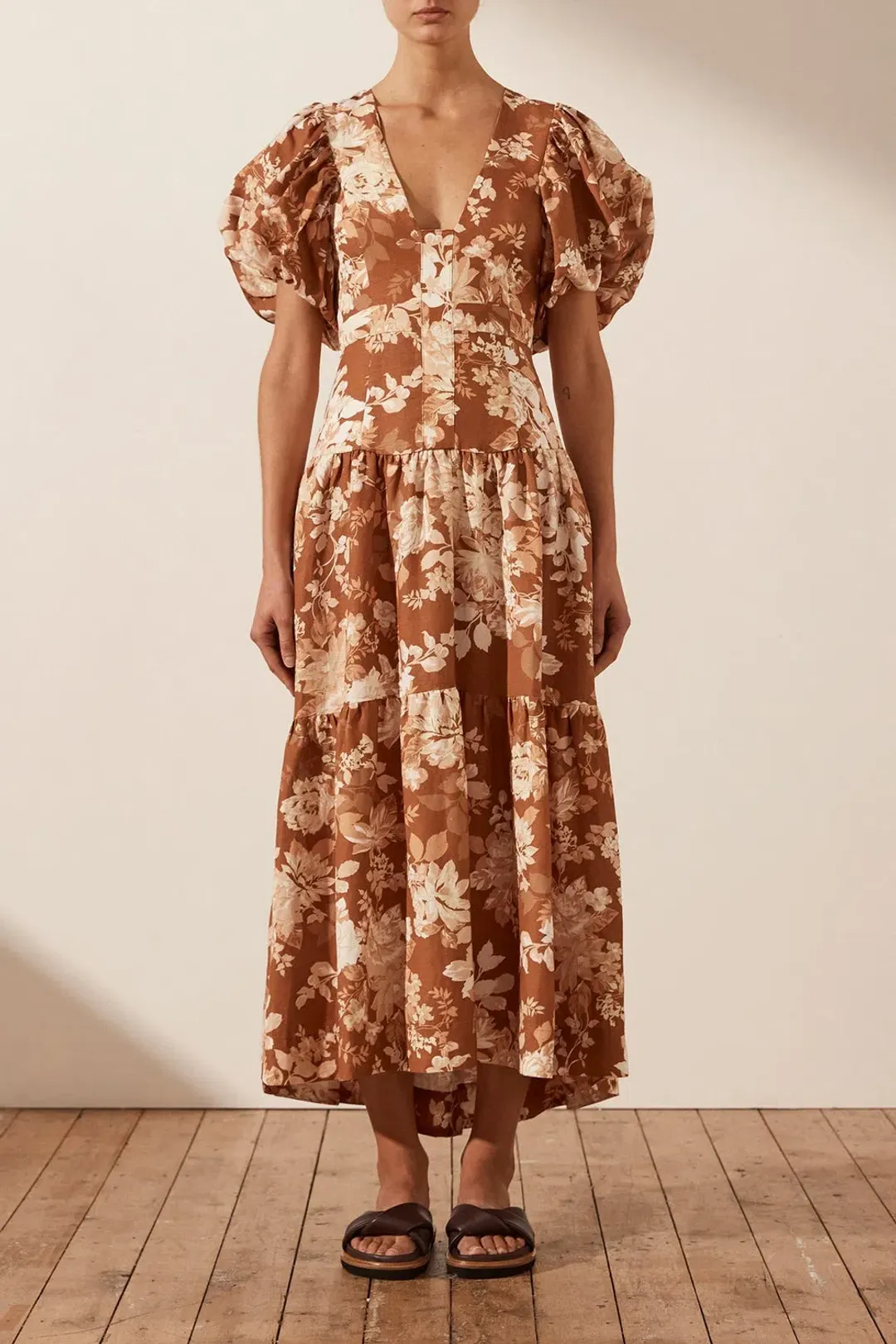 Shona Joy Capucine Linen Plunged Short Sleeve Midi Dress Almond Size 6 for rent on The Volte - main image
