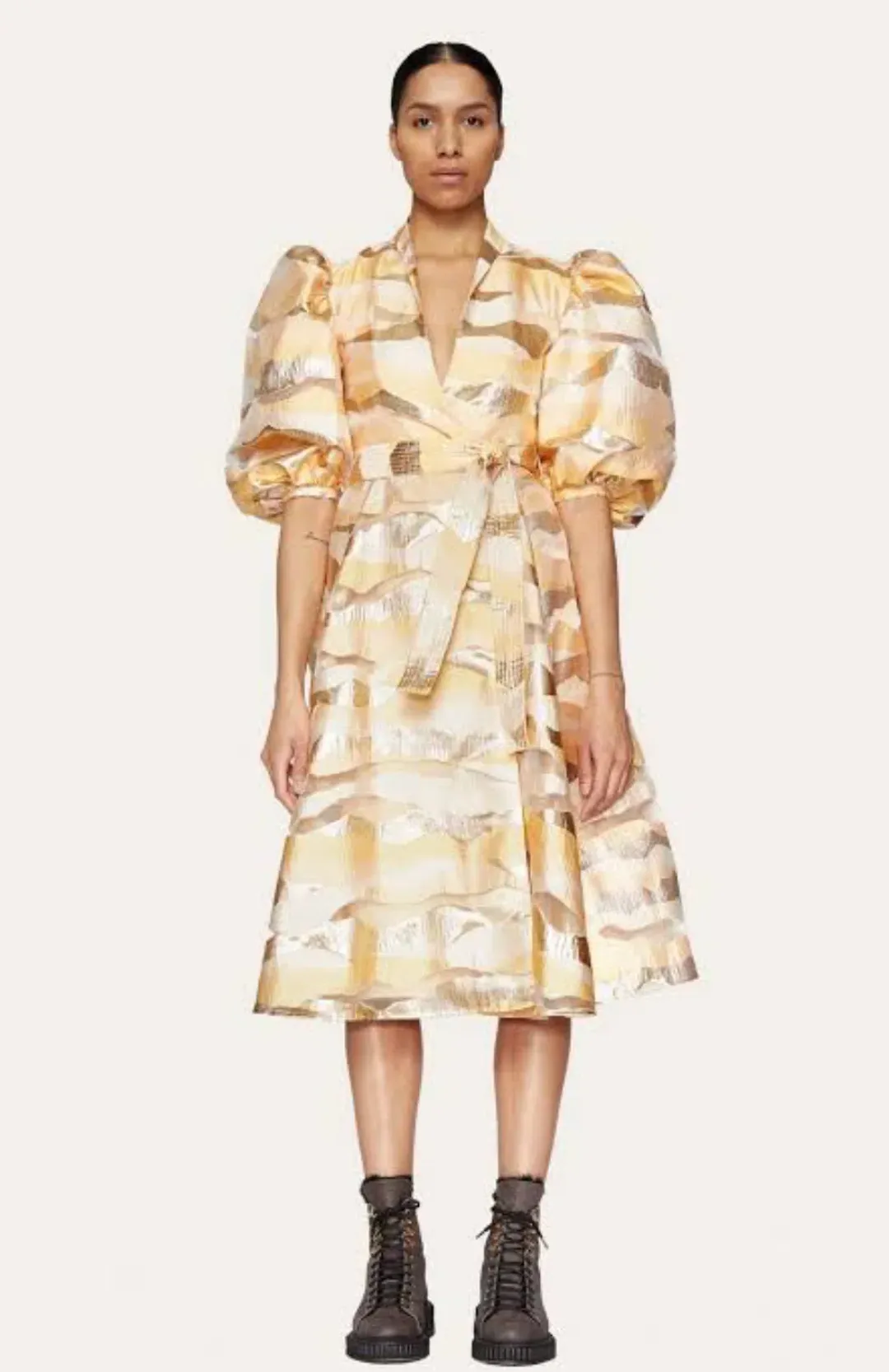 Stine Goya Belinda Gold Horizon Puff Sleeve Midi Dress Gold Size XS/AU 4 for rent on The Volte - main image