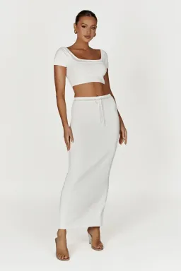 MESHKI Penelope Pointelle Knit Crop Top and Maxi Skirt Set in White Size S / Au 8 for rent on The Volte - image 1