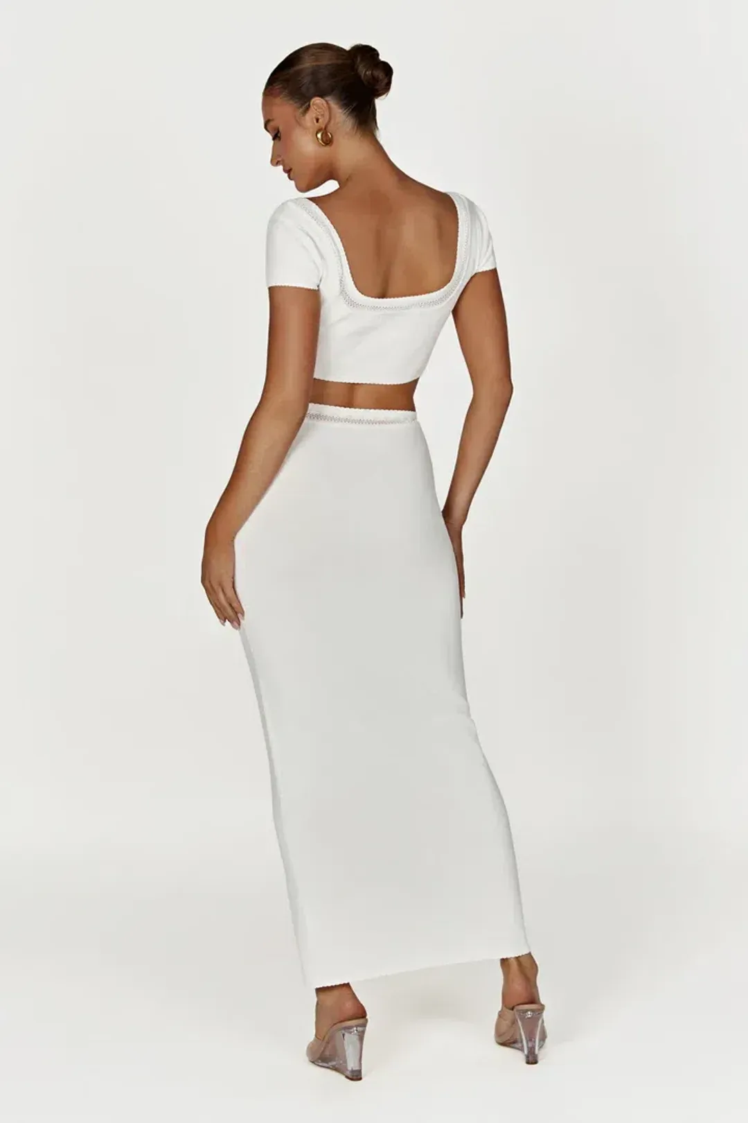 MESHKI Penelope Pointelle Knit Crop Top and Maxi Skirt Set in White Size S / Au 8 for rent on The Volte - main image