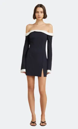 Bec & Bridge Cece Off Shoulder Dress Ink Pinstripe Size 8 for rent on The Volte - image 1