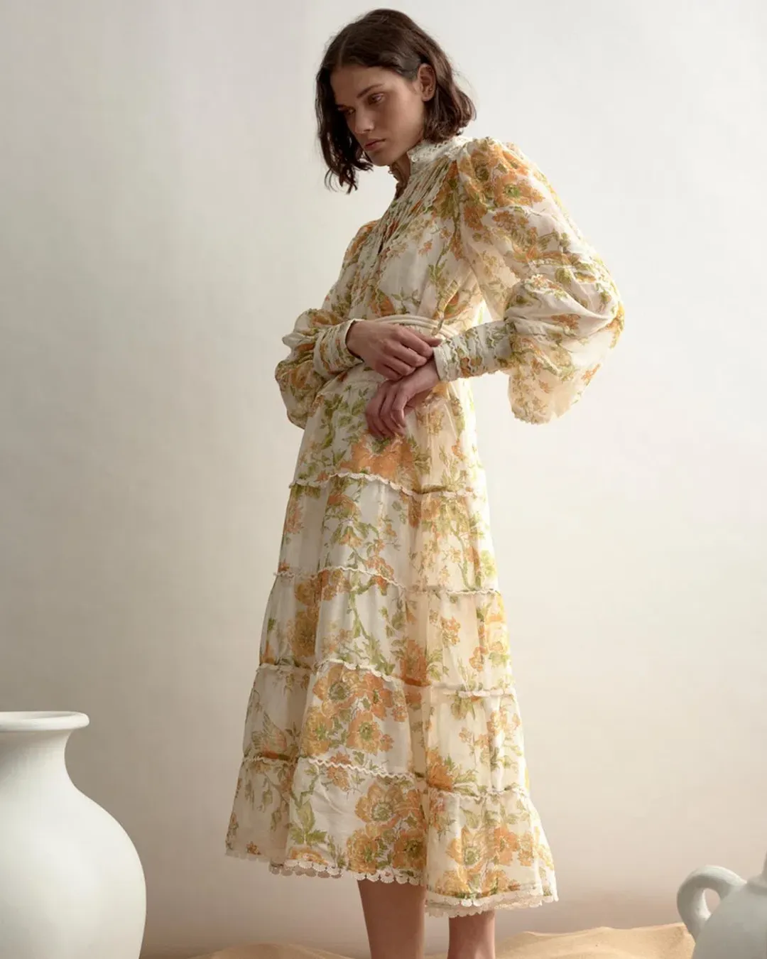 Alemais Songbird Tiered Midi Dress Citrus Size 8 for rent on The Volte - main image