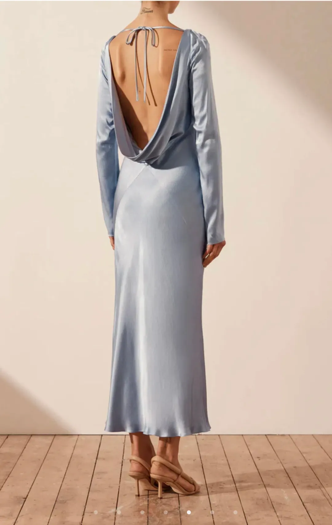 Shona Joy Angelica Long Sleeve Backless Midi Dress Powder Blue Size 6 for rent on The Volte - main image