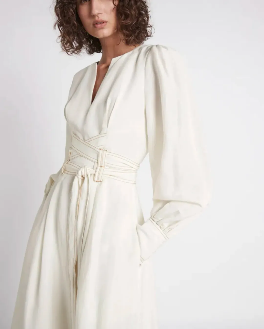 Aje Radiance Belted Midi Dress in Ivory Size AU 6 for rent on The Volte - main image