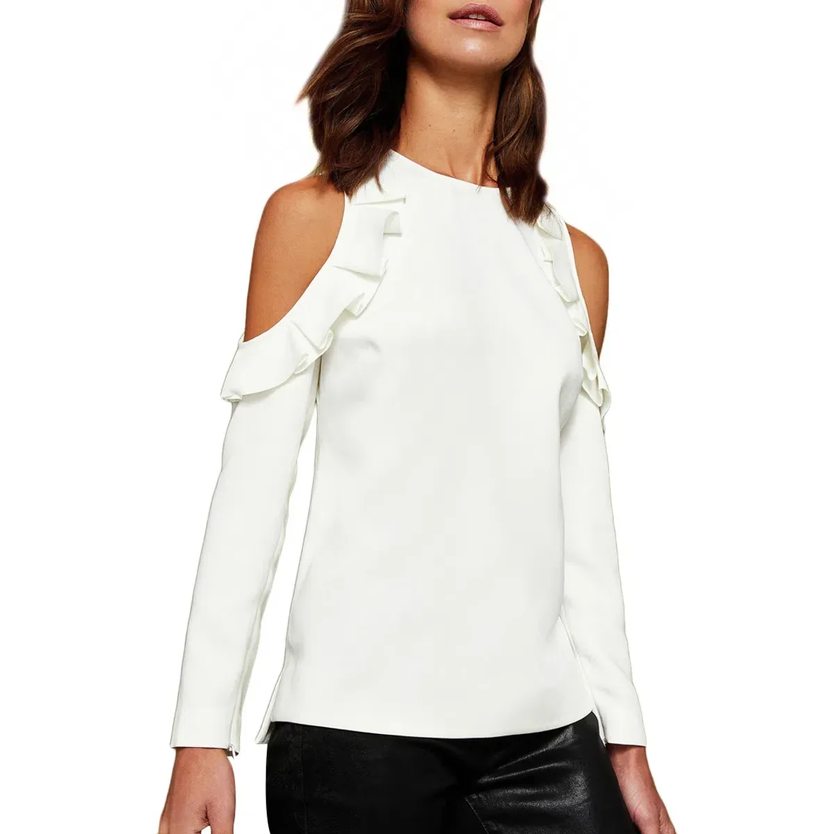 Ted Baker Steffe Ivory Cold Shoulder Ruffle Top in Cream Size 1/AU 8 - Image 5