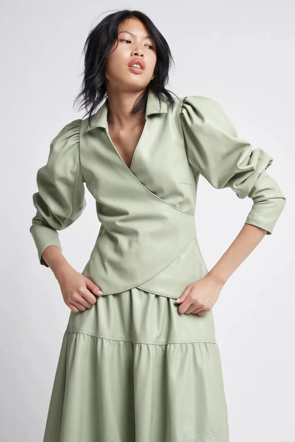 Aje Idyllic Wrap Top and Skirt Set Dusty Sage Green Size 6 - Image 4