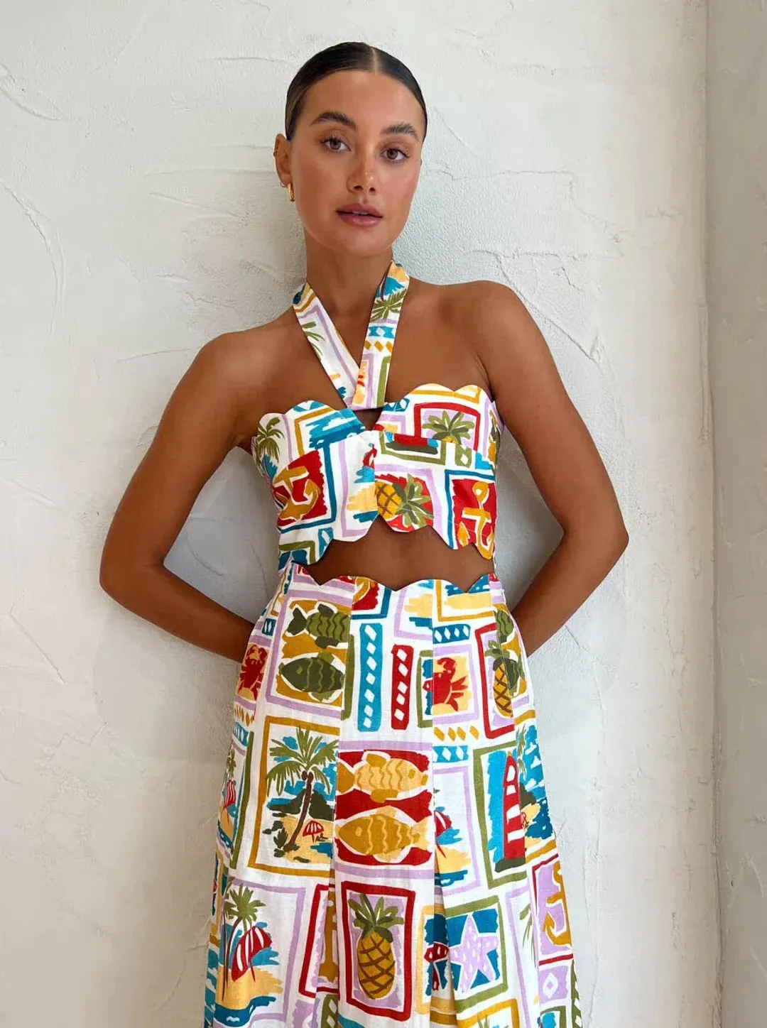 By Nicola Sea Change Top & Maxi Skirt In Summer Vacation Print Size AU 8 for rent on The Volte - main image