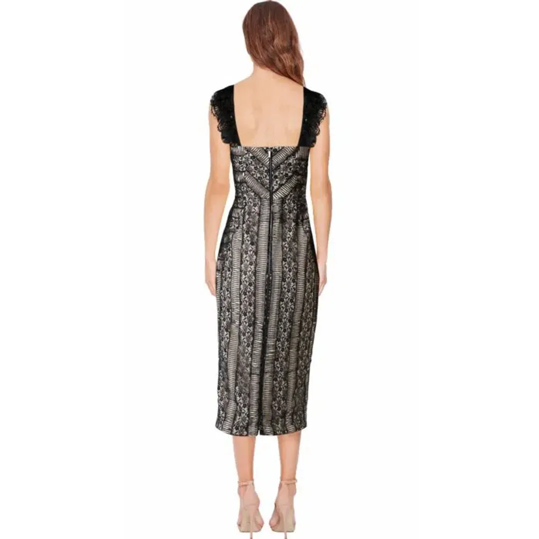 Rebecca Vallance Lou Lou Ruffle Pencil Midi Dress Lace Embroidered Black Size AU 8 for rent on The Volte - main image
