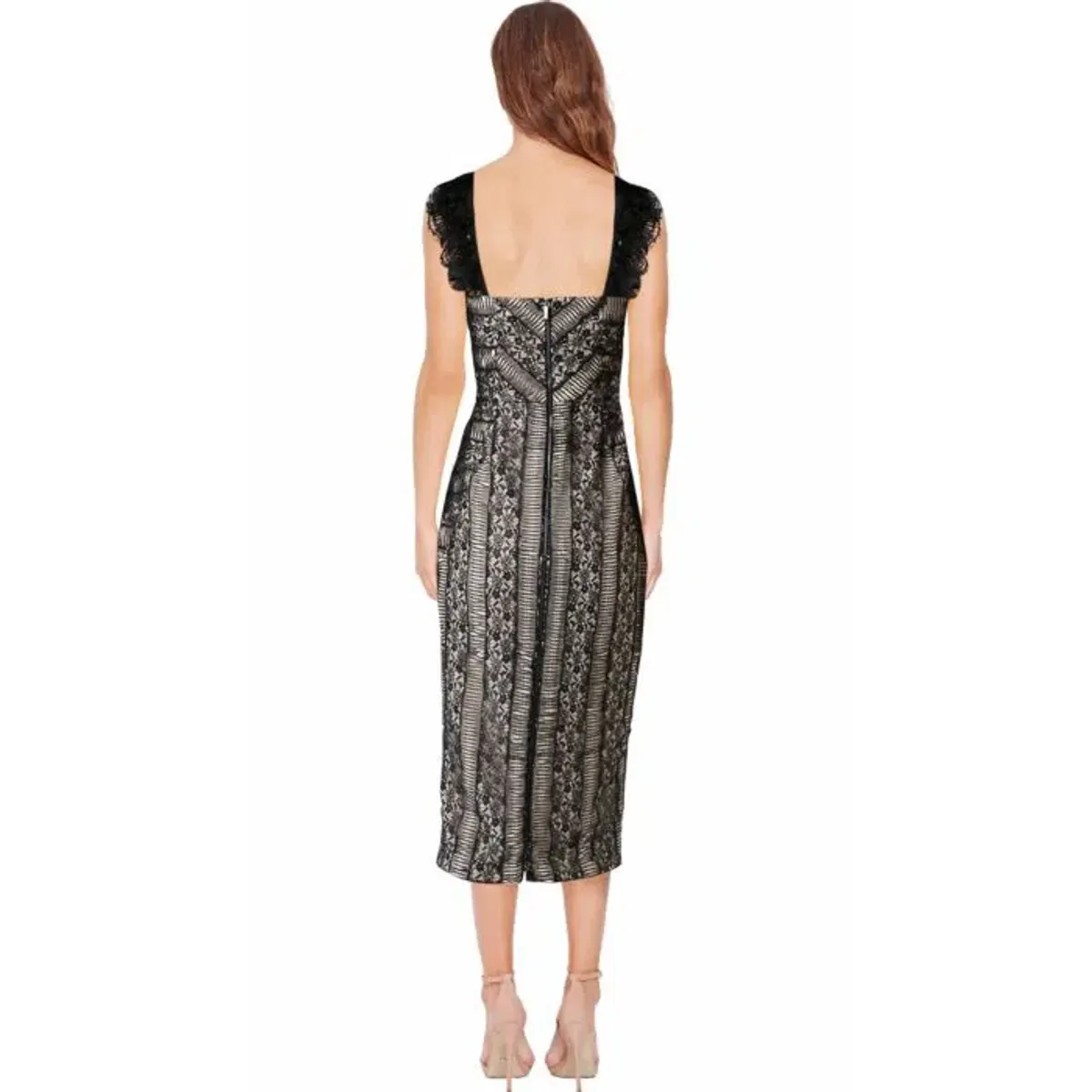 Rebecca Vallance Lou Lou Ruffle Pencil Midi Dress Lace Embroidered Black Size AU 8 - Image 2