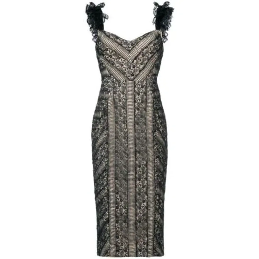 Rebecca Vallance Lou Lou Ruffle Pencil Midi Dress Lace Embroidered Black Size AU 8 for rent on The Volte - main image