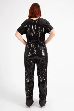 Hugo Boss Stretch Jersey Sequin Jumpsuit with Fixed Wrap Front Black Size AU 10 for rent on The Volte - image 3