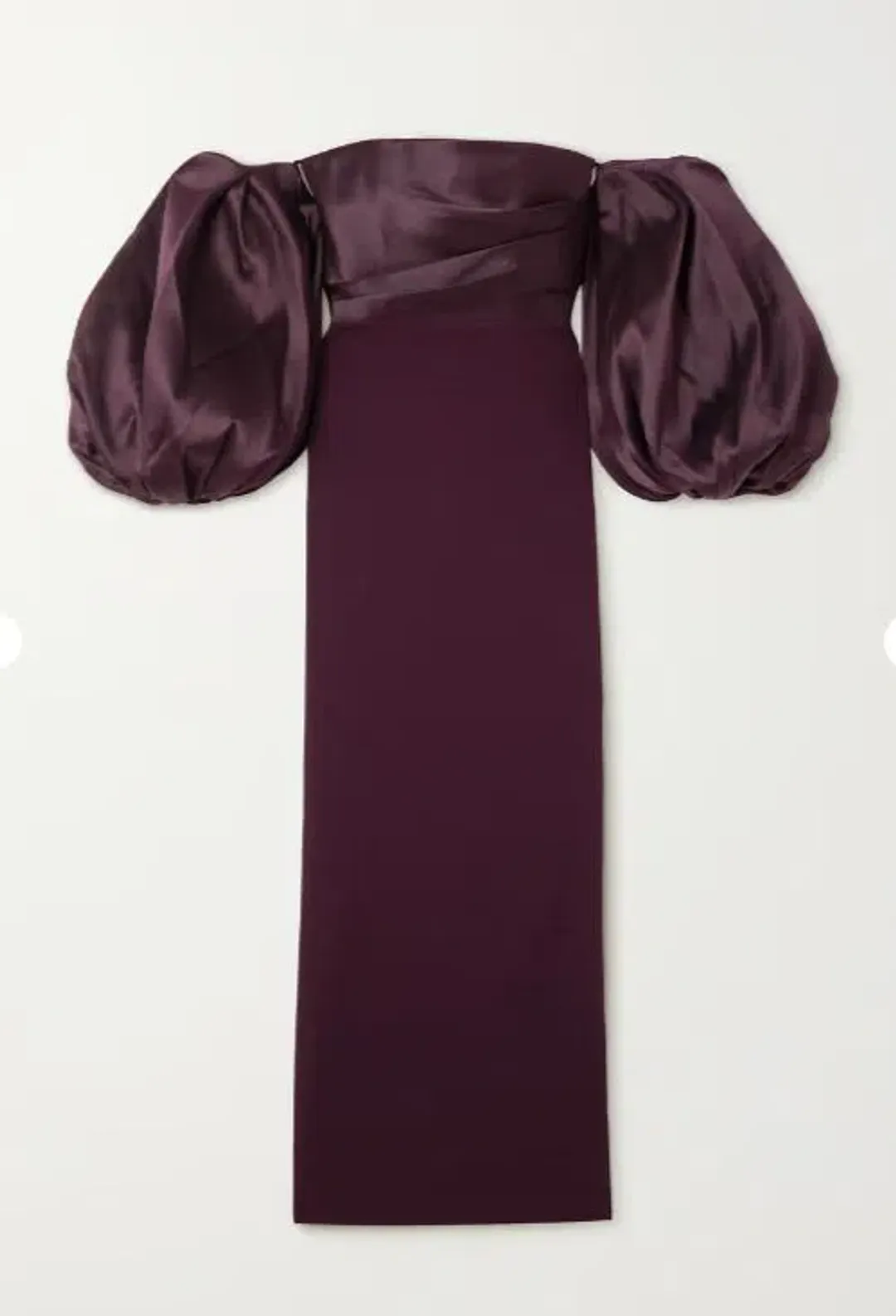 SOLACE LONDON Carmen off-the-shoulder gathered satin and crepe maxi dress for rent on The Volte - main image