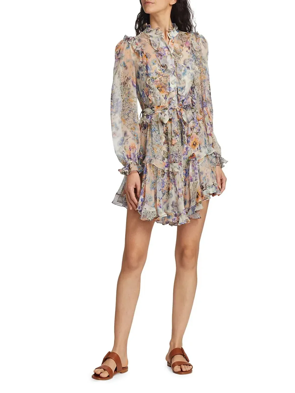 Zimmermann Tama Ruffle Mini Dress in Diamond Splice Floral Size 0/AU 8 for rent on The Volte - main image