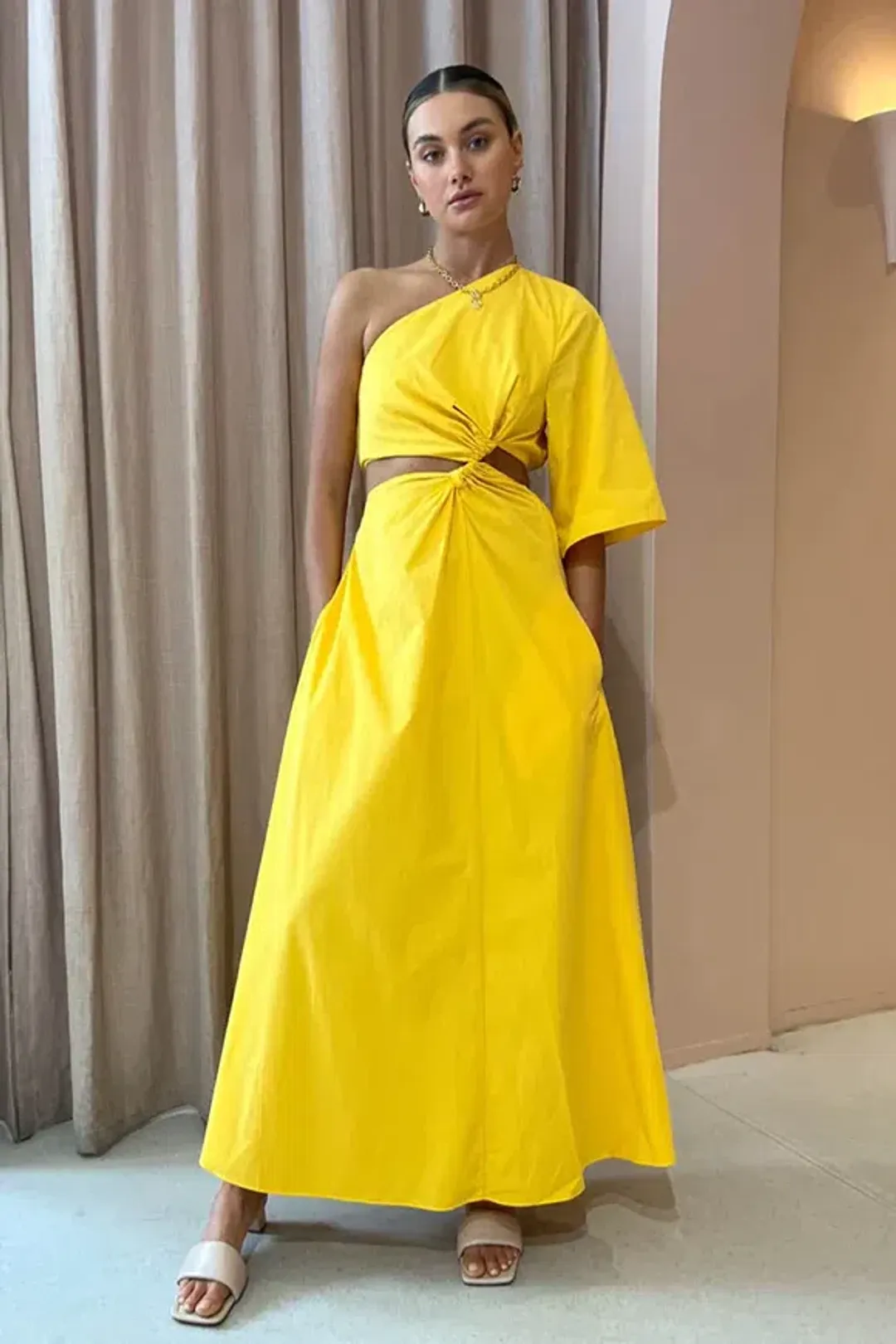Camilla & Marc Wally One Shoulder Cut Out Maxi Dress in Honey Yellow Size 10 for rent on The Volte - main image
