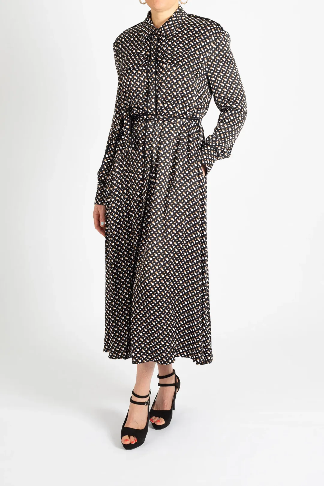 Hugo Boss Long-Sleeved Shirt Dress in Monogram-Print Fabric Patterned Size 10 for rent on The Volte - main image