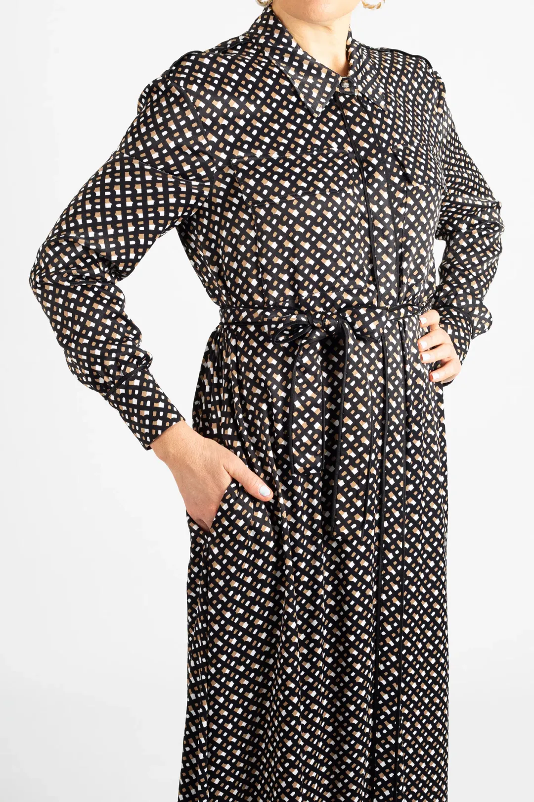 Hugo Boss Long-Sleeved Shirt Dress in Monogram-Print Fabric Patterned Size 10 for rent on The Volte - main image