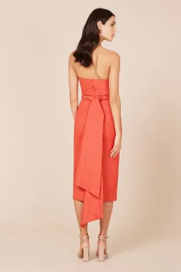 Rebecca Vallance Francesca Tie Midi Dress Coral Strapless Bow Crepe Size 12 for rent on The Volte - image 3