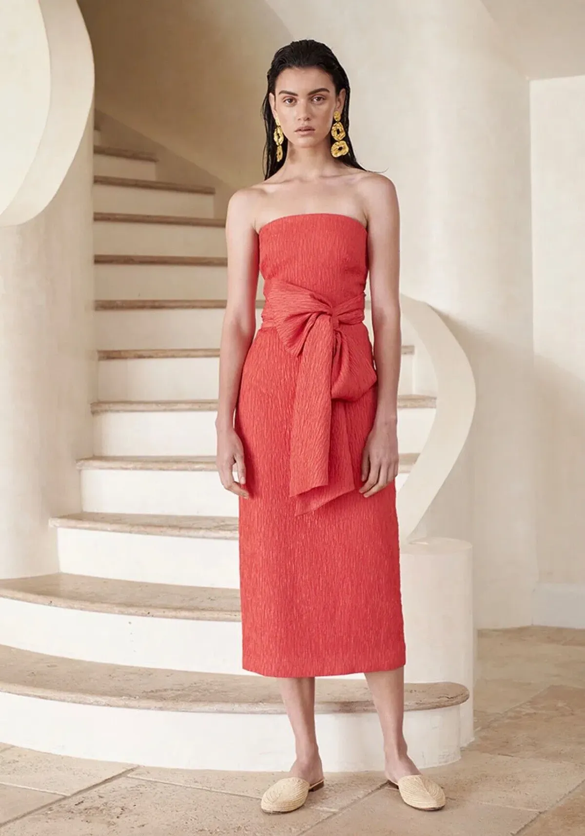 Rebecca Vallance Francesca Tie Midi Dress Coral Strapless Bow Crepe Size 12 for rent on The Volte - main image