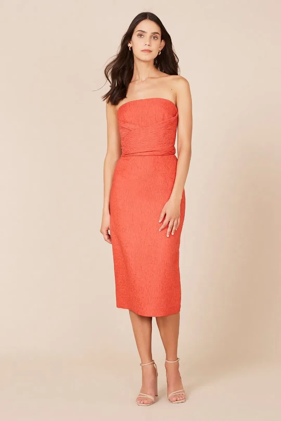 Rebecca Vallance Francesca Tie Midi Dress Coral Strapless Bow Crepe Size 12 for rent on The Volte - main image