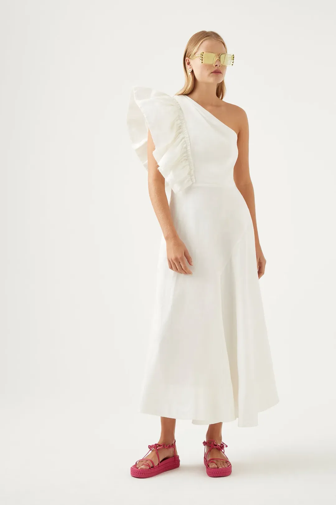 Aje Bonjour Asymmetrical Midi Dress White Size AU 10 for rent on The Volte - main image