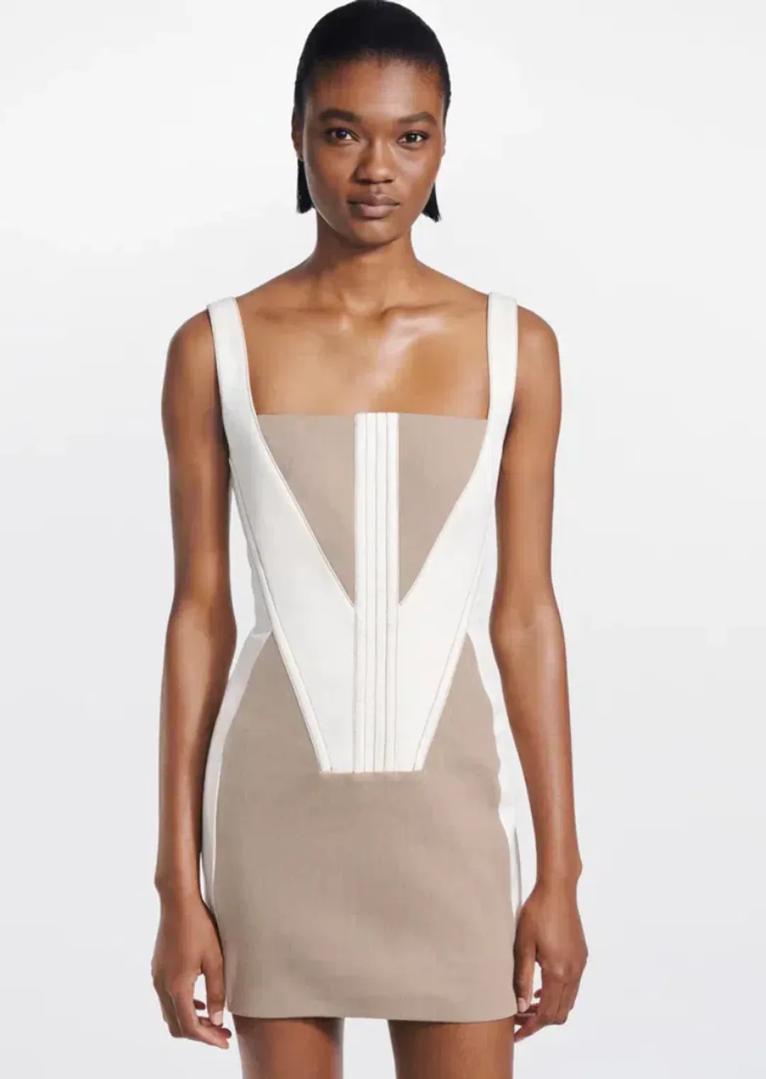 Dion Lee Fork Frame Mini Dress Canvas/Stone Size 10 for rent on The Volte - main image