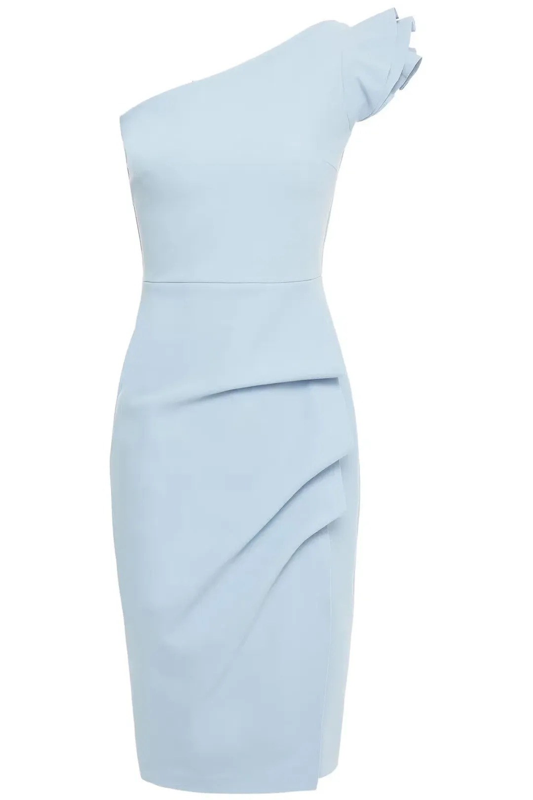 Chiara Boni La Petite Robe Civia One-shoulder Wrap-effect Ruffled Scuba Dress Light Blue Size AU 10 for rent on The Volte - main image