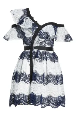 Self Portrait Wave Lace Frill Minidress Dress White/Navy Size10 for rent on The Volte - image 4