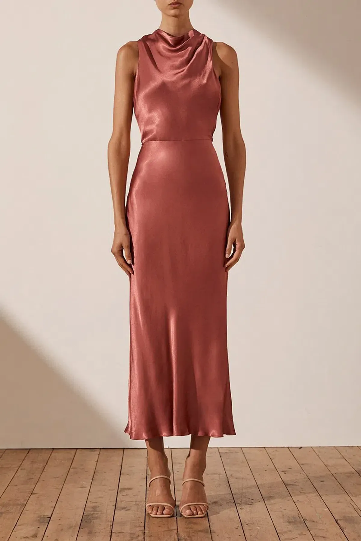 Shona Joy La Lune High Neck Midi Dress Terracotta Size 8 - Image 1