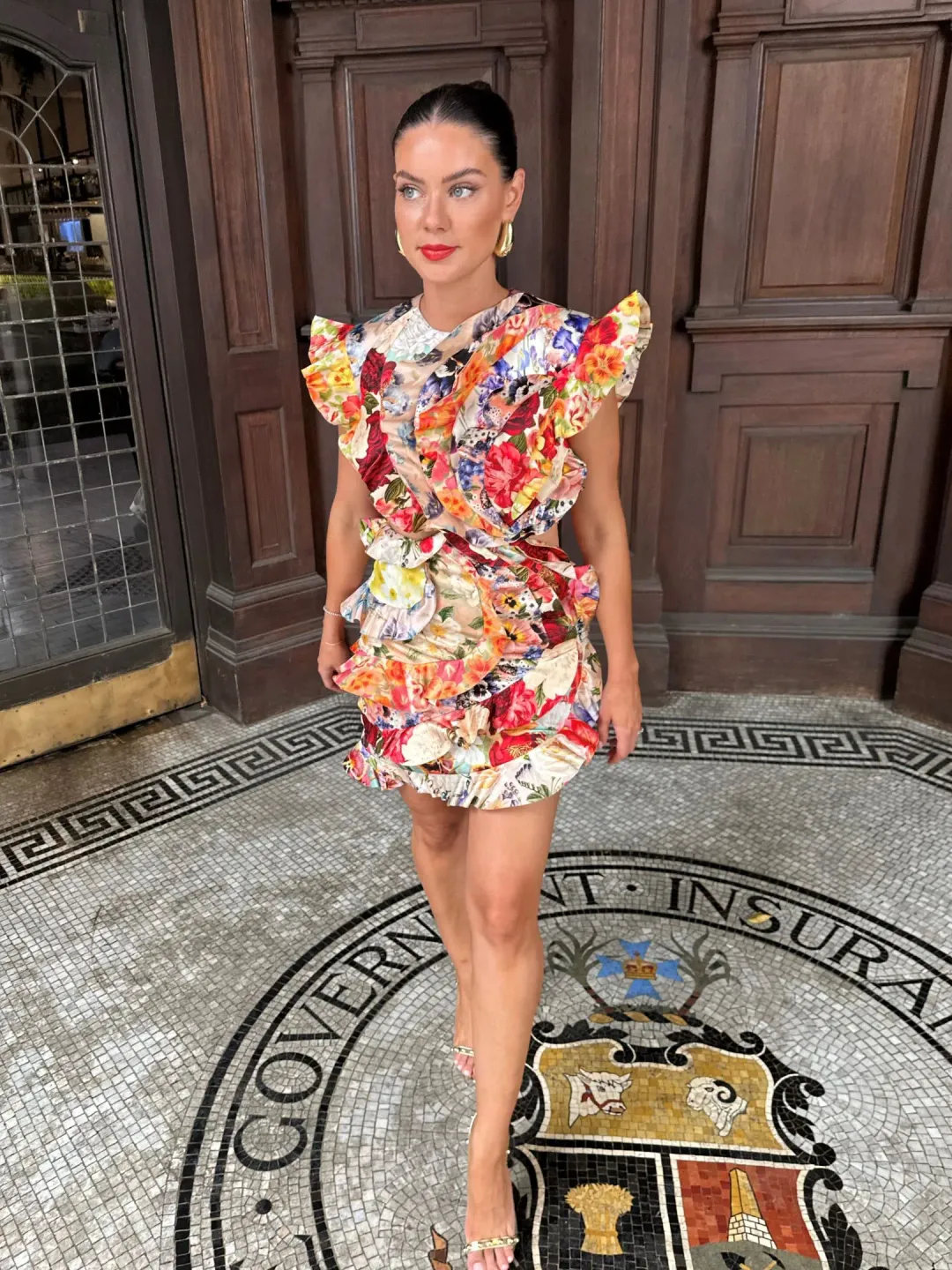 Zimmermann The Wonderland Frill Mini Dress in Spliced Multi Floral Size 1 / Au 10 for rent on The Volte - main image