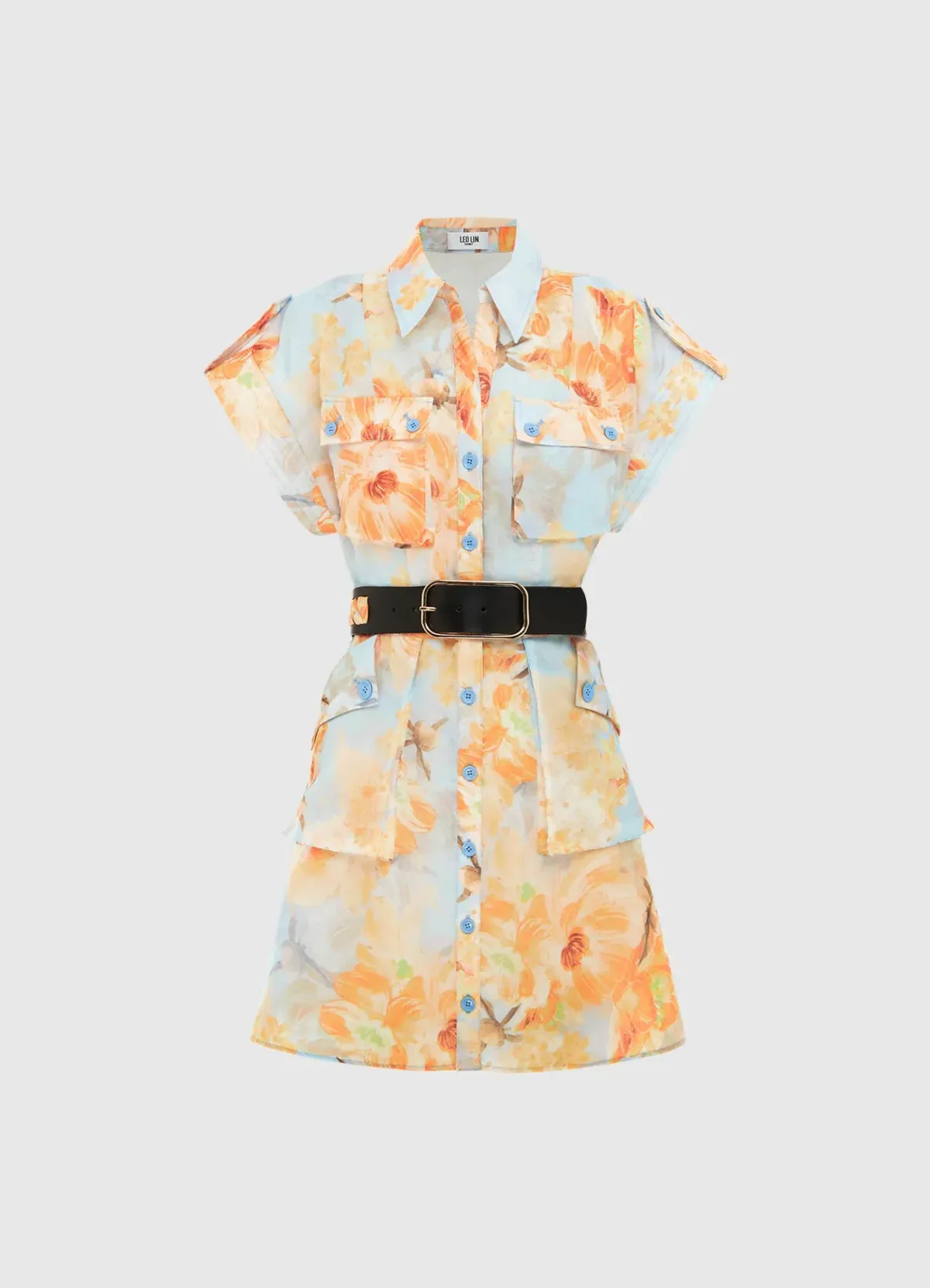 Leo Lin Frankie Pocket Shirt Mini Dress Camellia Print in Apricot Size 14 - Image 1