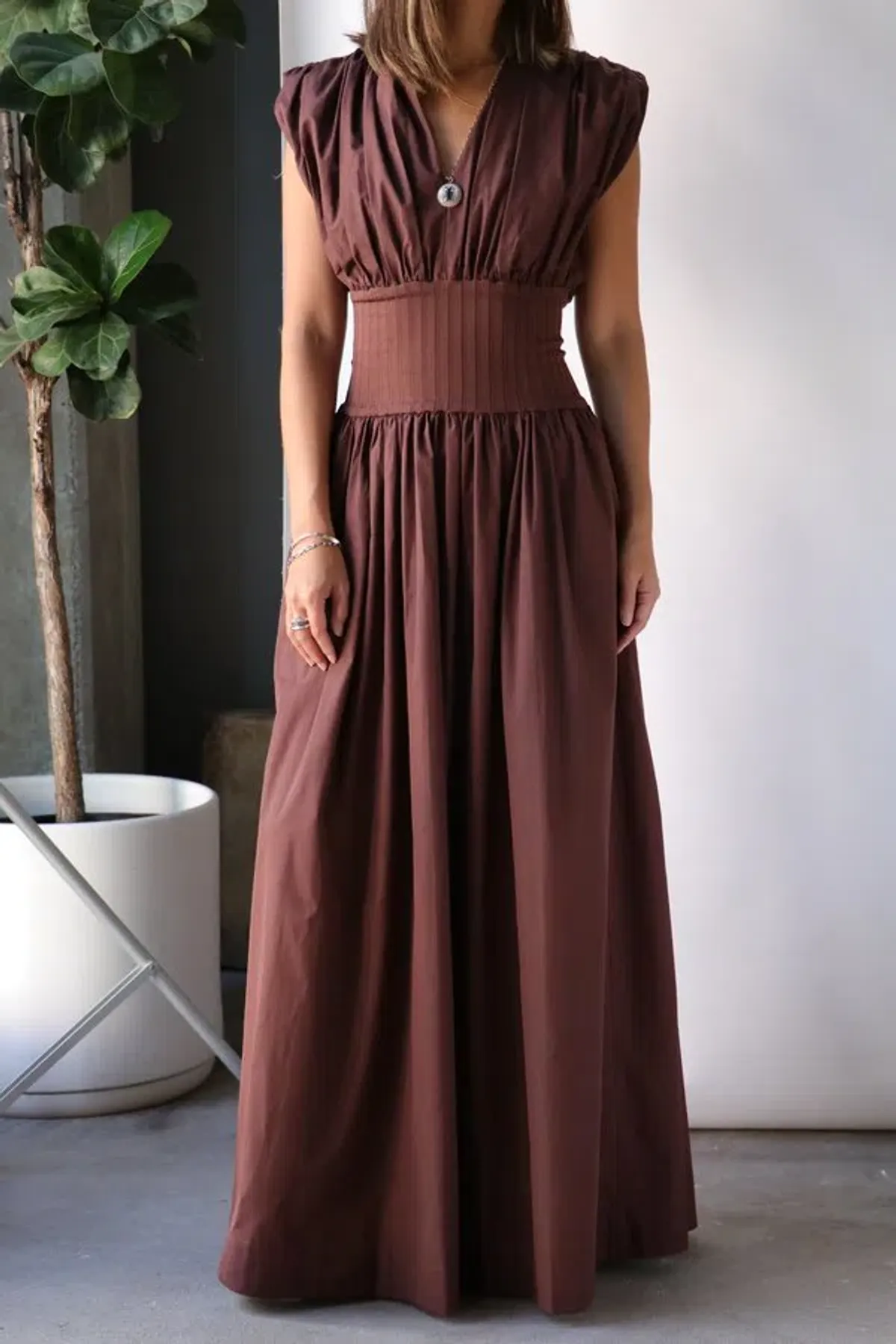 Esse Studios Cotton Rib Gathered Dress Brown Size 8 - Image 1
