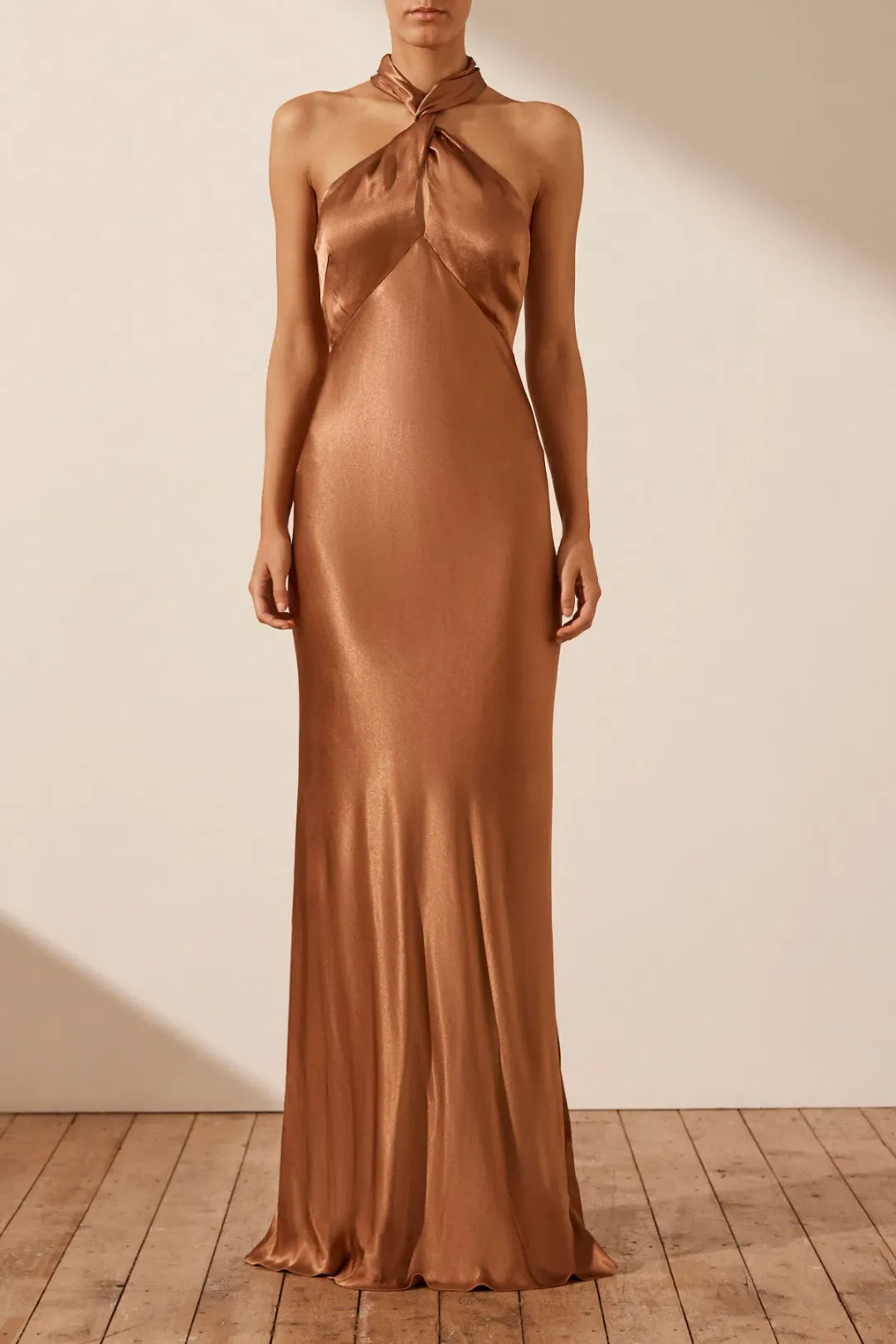 Shona Joy La Lune High Neck Twist Maxi Dress Almond Size 10 for rent on The Volte - main image