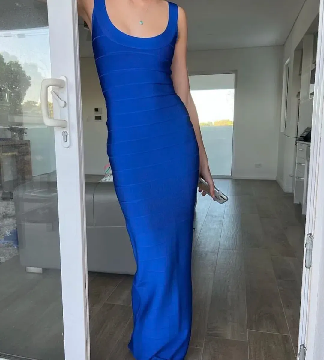 Herve Leger Cobalt Blue Round Neck Gown Blue Size Small for rent on The Volte - main image