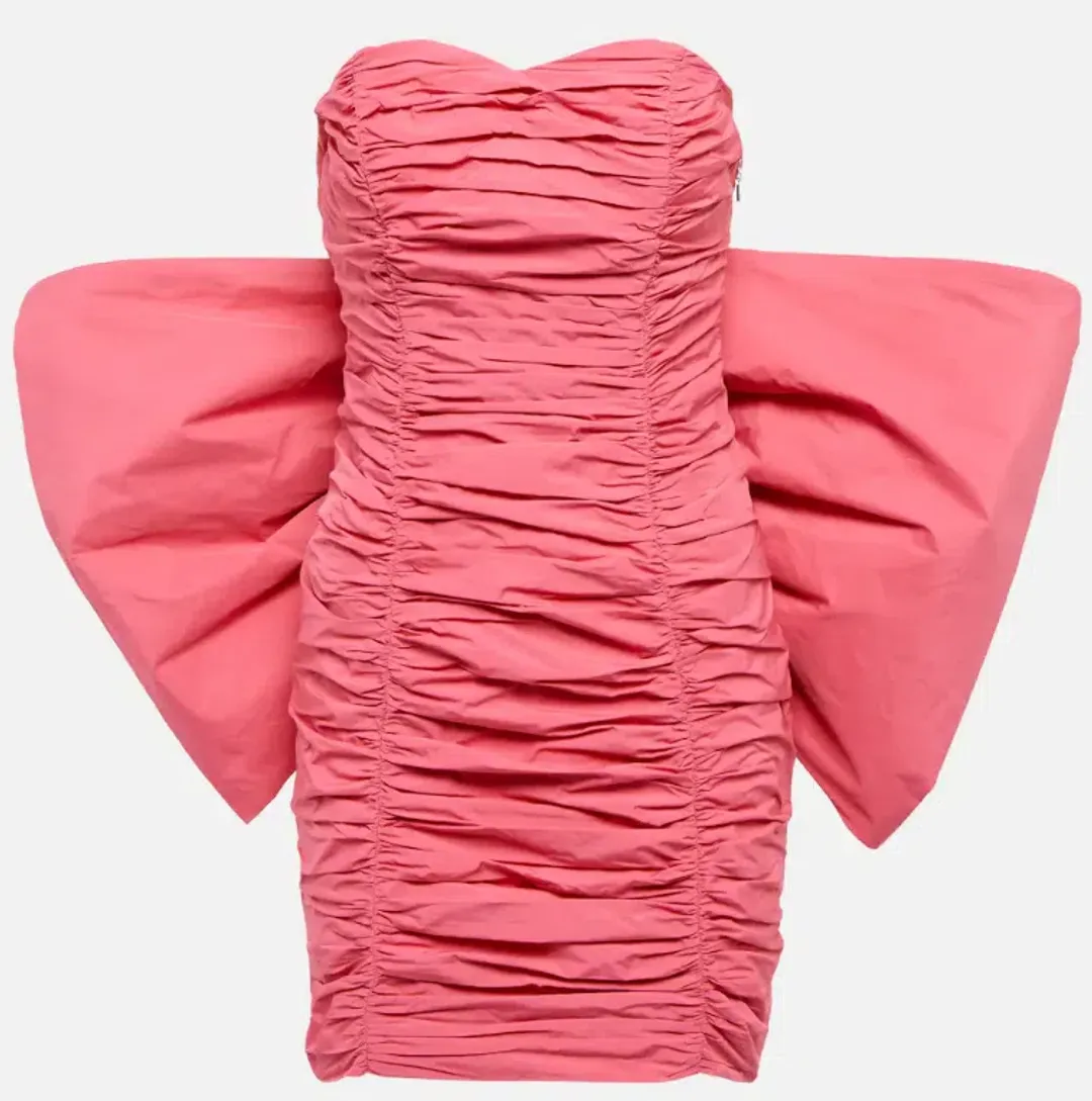 Rotate By Birger Christensen Catalina Bow Ebellished Ruched Mini Dress Pink Size AU 10 for rent on The Volte - main image