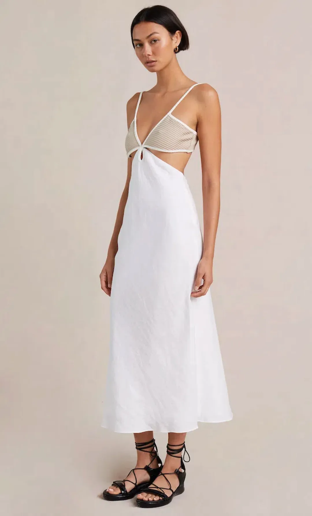 Bec & Bridge Demi Midi Dress In Sand/Ivory Size 16 for rent on The Volte - main image