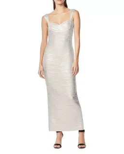 Herve Leger Sweetheart Banded Foil Gown Silver Size 8 for rent on The Volte - image 1