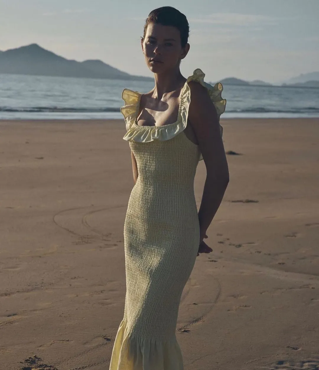 Sir the Label Francesca Frill Shirred Dress Butter Size 6 for rent on The Volte - main image