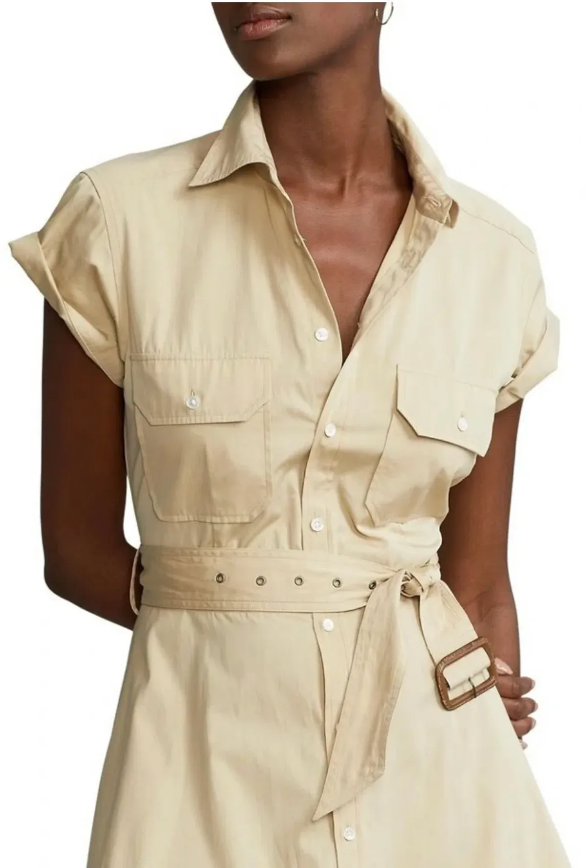 Ralph Lauren Belted Tiered Cotton Utility Midi Dress in Beige Size 6 - Image 2