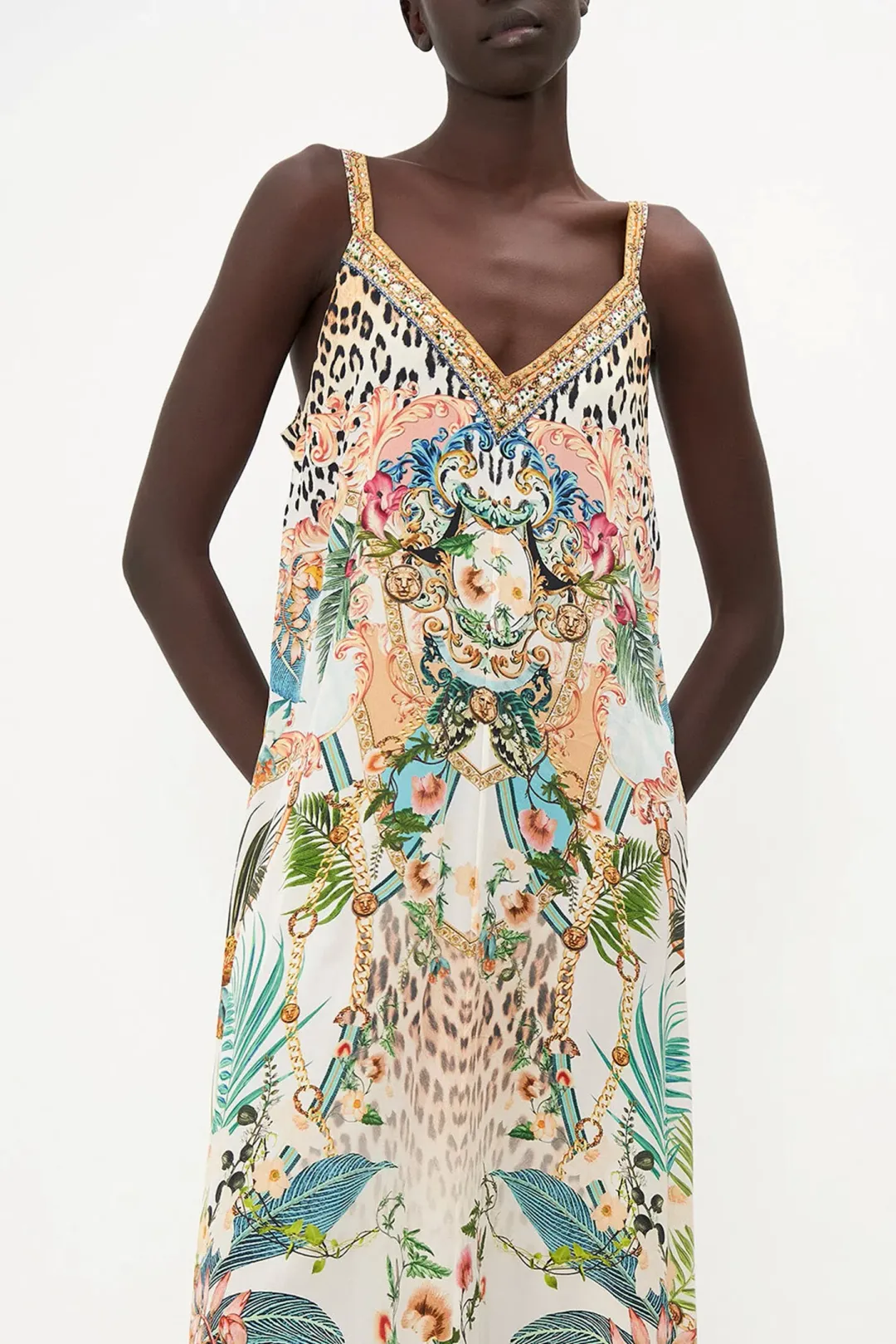 Camilla V Neck Midi Slip Dress Royalty Loyalty Print Size 10 for rent on The Volte - main image