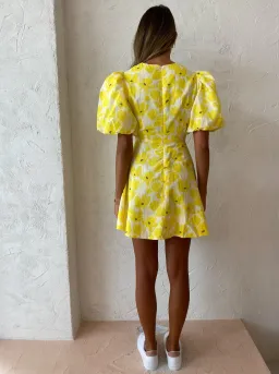 By Nicola Dahlia Ring Detail Mini Dress in Canary Blossom Size 8 for rent on The Volte - image 3