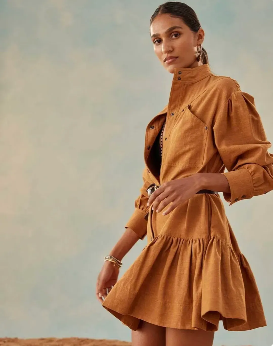 Shona Joy Priscila High Neck Utility Mini Dress Turmeric Size 6 for rent on The Volte - main image