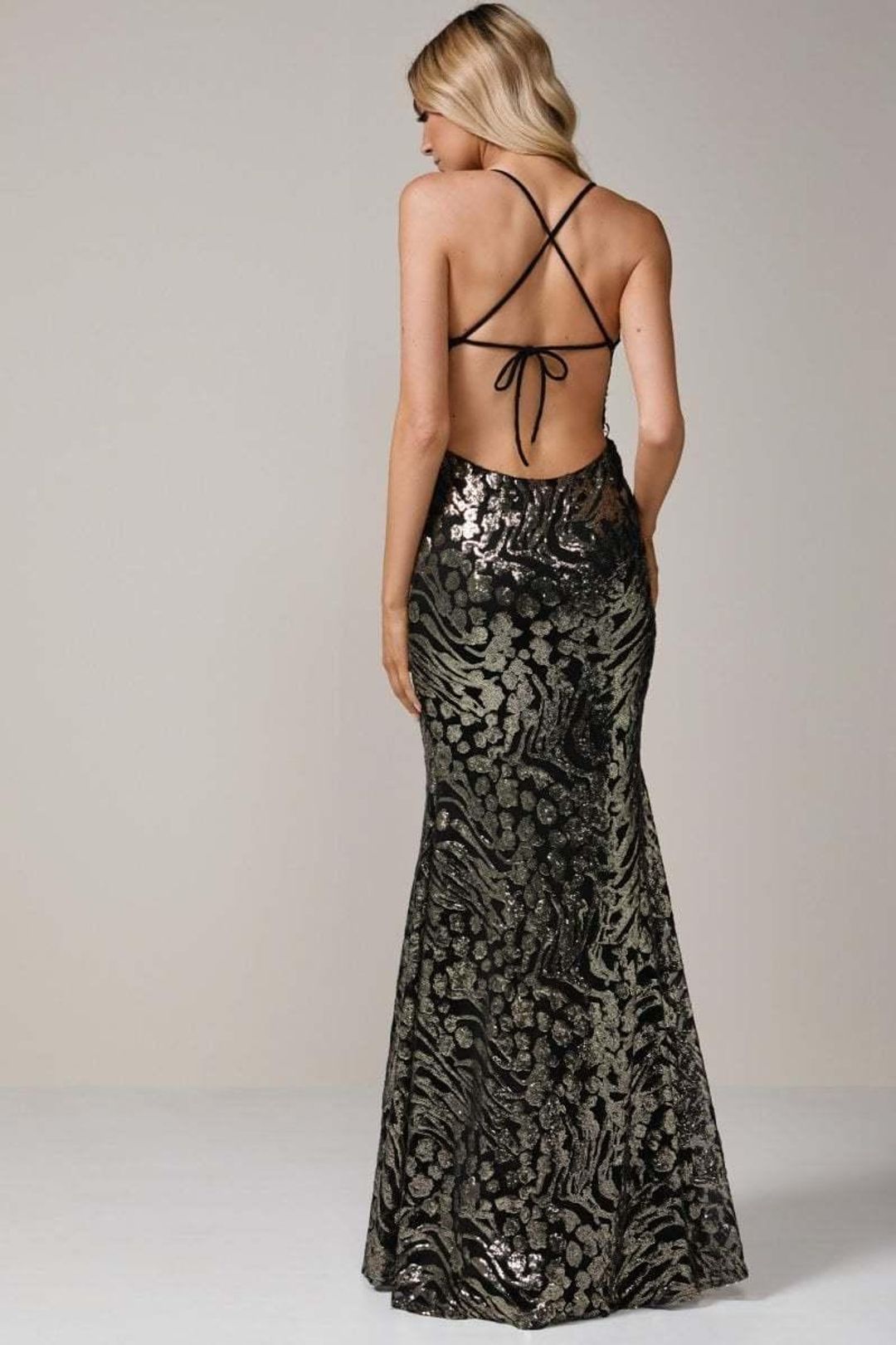 Ae’lkemi Plunge Backless Gown Black Print Size 8 for rent on The Volte - main image