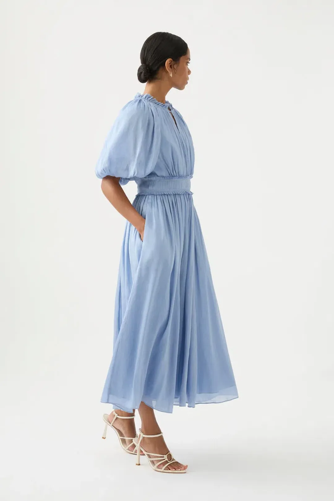 Aje Elysium Blouson Midi Dress Steel Blue Size 14 for rent on The Volte - main image