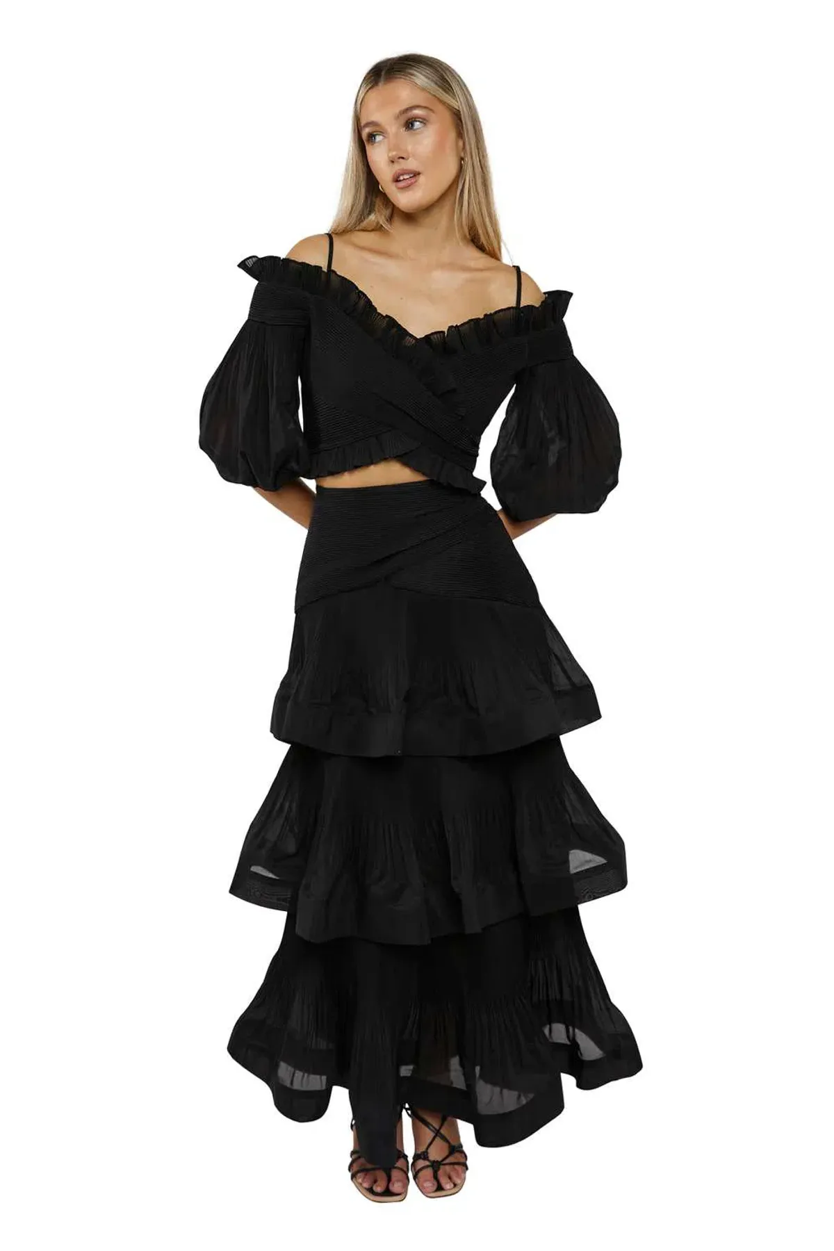 Zimmermann Pleated Off Shoulder Top and Pleated Ruffle Tier Skirt Set Black Size 2/ 12 - Image 2