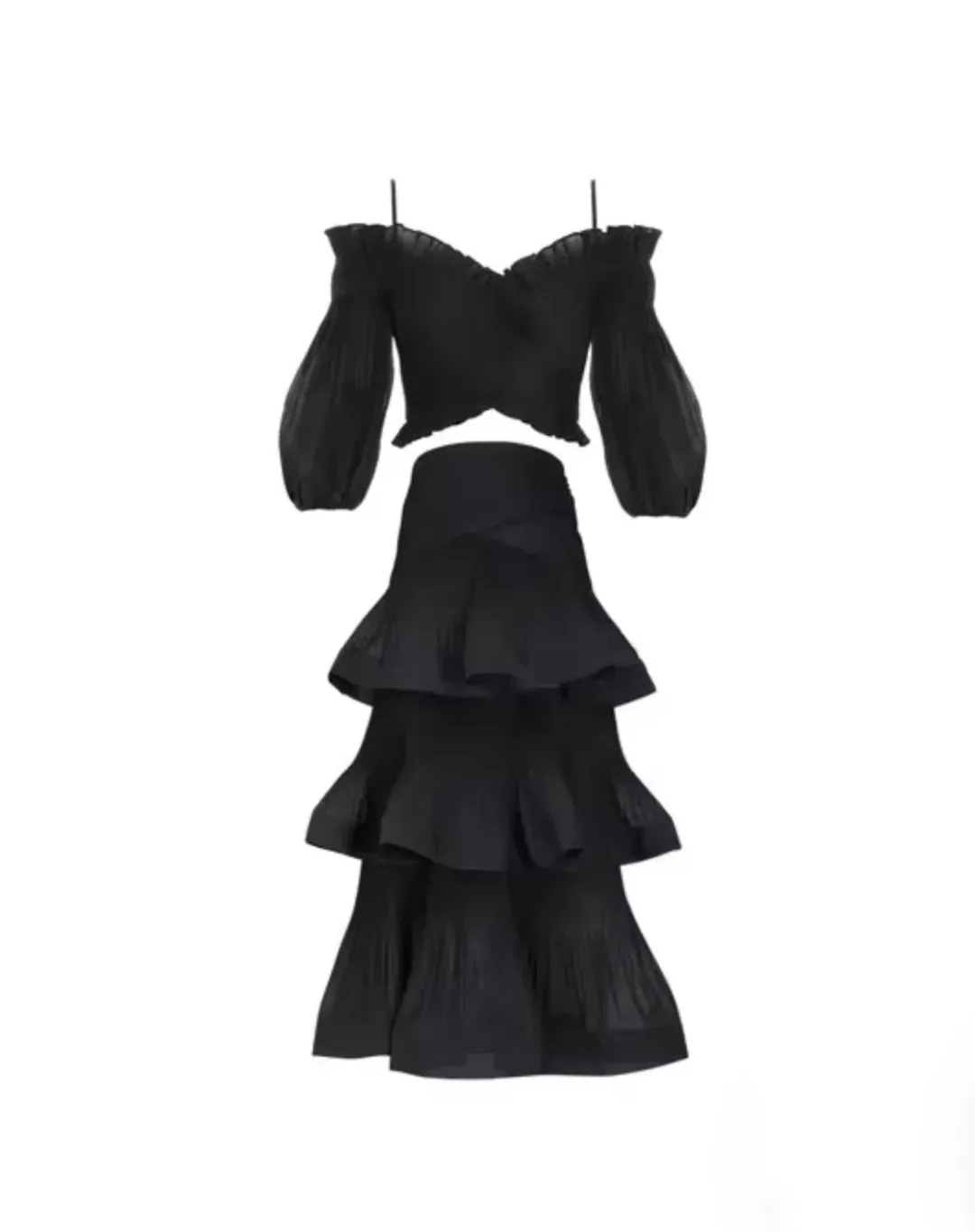 Zimmermann Pleated Off Shoulder Top and Pleated Ruffle Tier Skirt Set Black Size 2/ 12 for rent on The Volte - main image