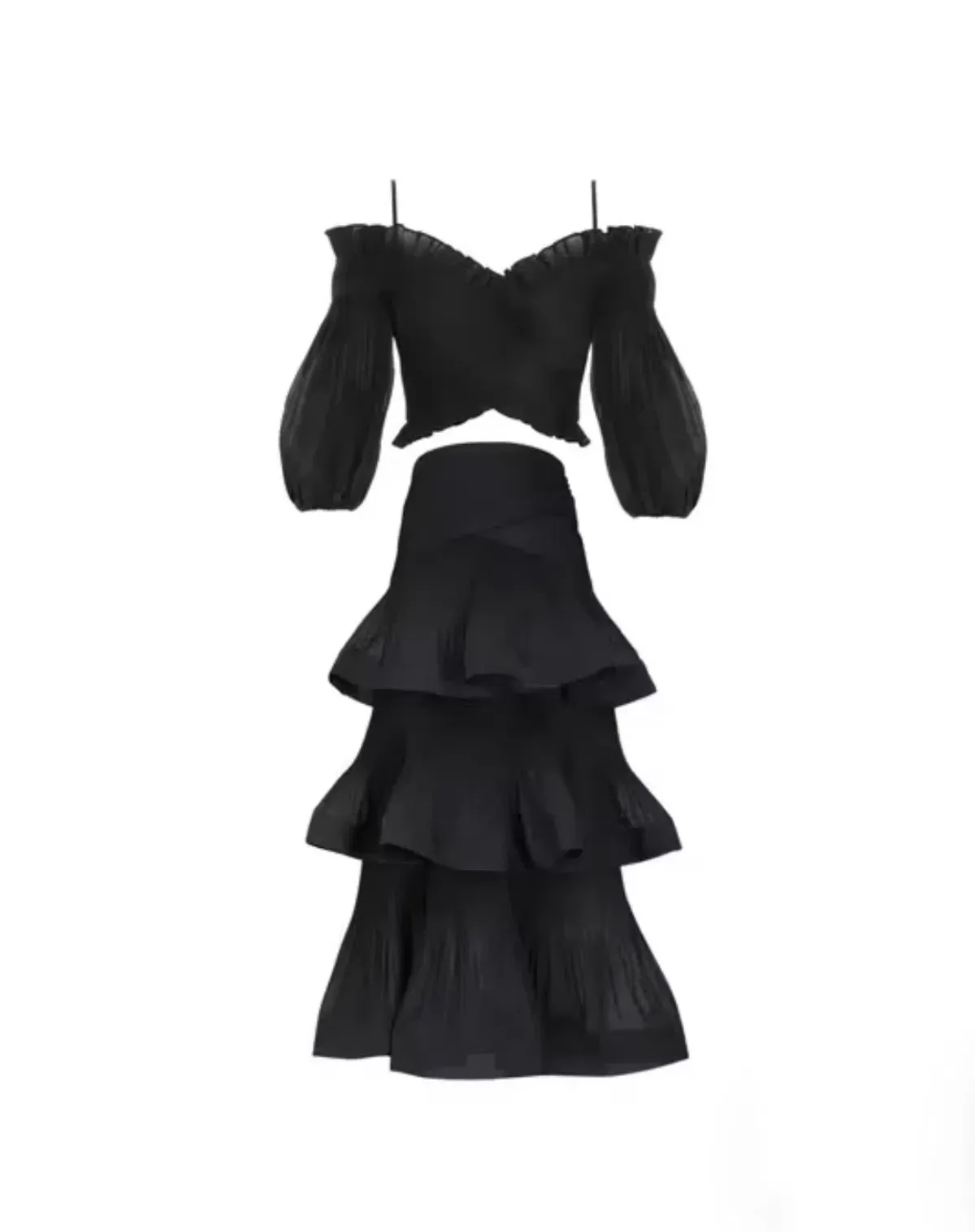 Zimmermann Pleated Off Shoulder Top and Pleated Ruffle Tier Skirt Set Black Size 2/ 12 - Image 4