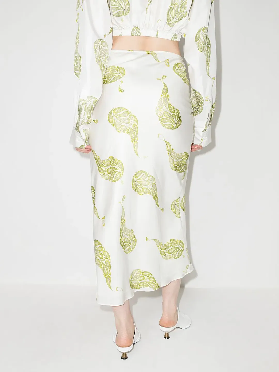 Christopher Esber Ruched Paisley Silk Maxi Skirt in Green Size 8 for rent on The Volte - main image