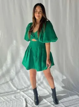 AJE Dusk Knot Puff Sleeve Mini Dress Emerald Size 6 for rent on The Volte - image 3