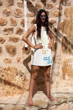 Lucy Folk Eos Beaded Swing Mini Dress with Belt Ecru Cream Size M / AU 10 for rent on The Volte - image 1