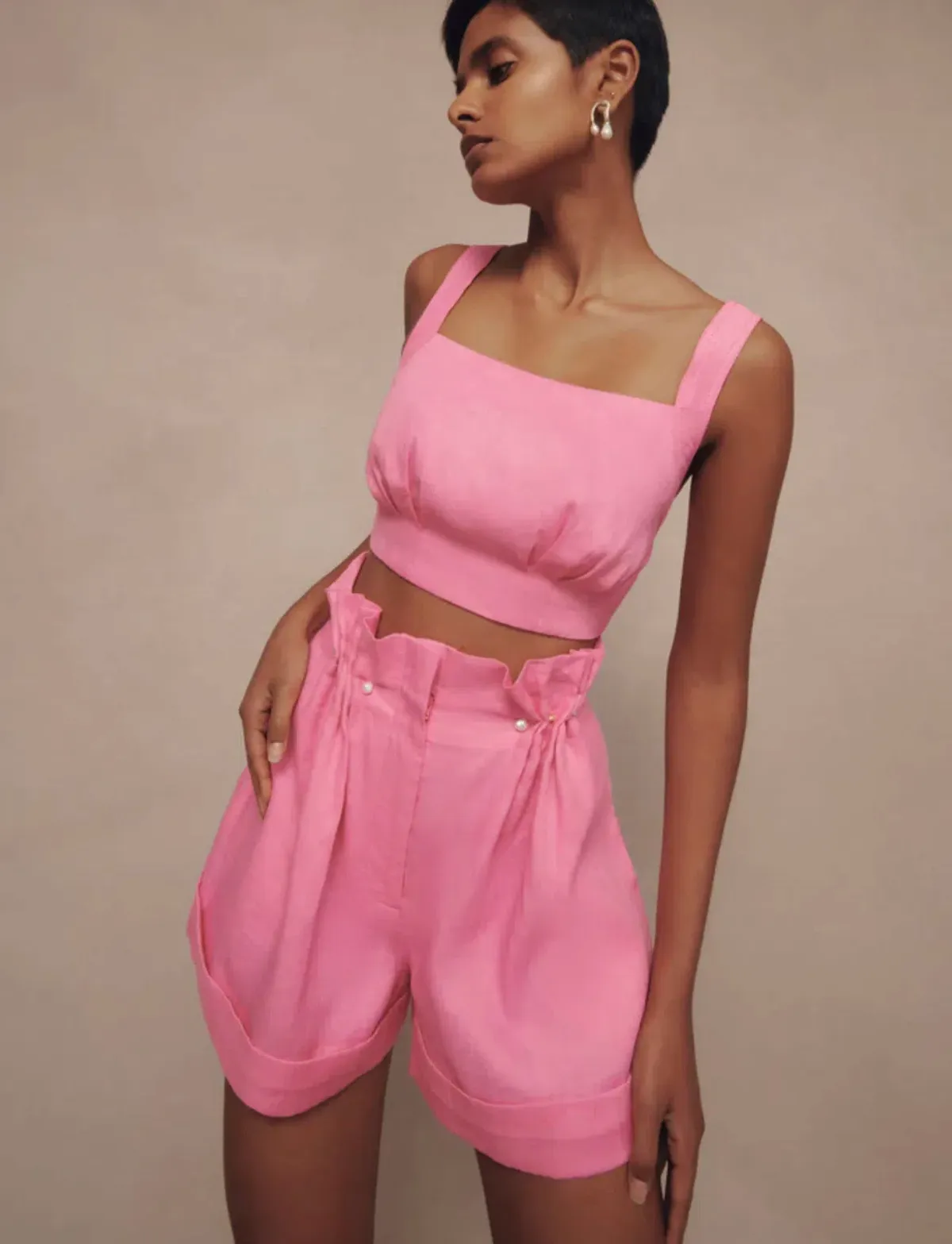 Aje Paper Bag Shorts & Tie Back Top Two Piece Set in Pink Size 6 - Image 3